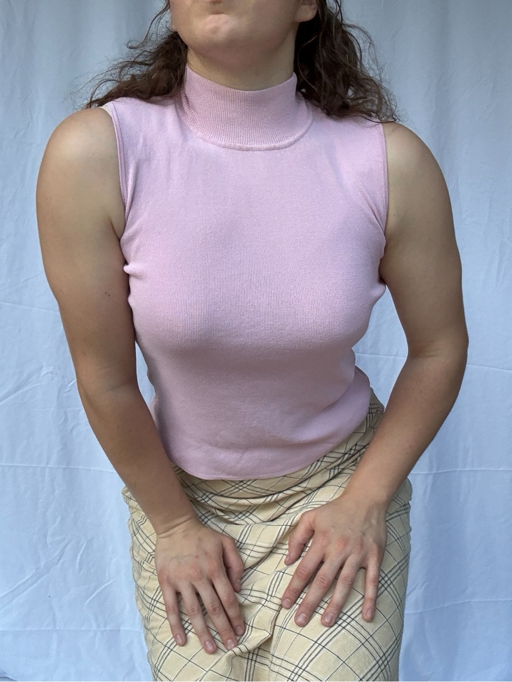 Pink Sleeveless Mock Neck Knit Sweater Tank Top Women’s M